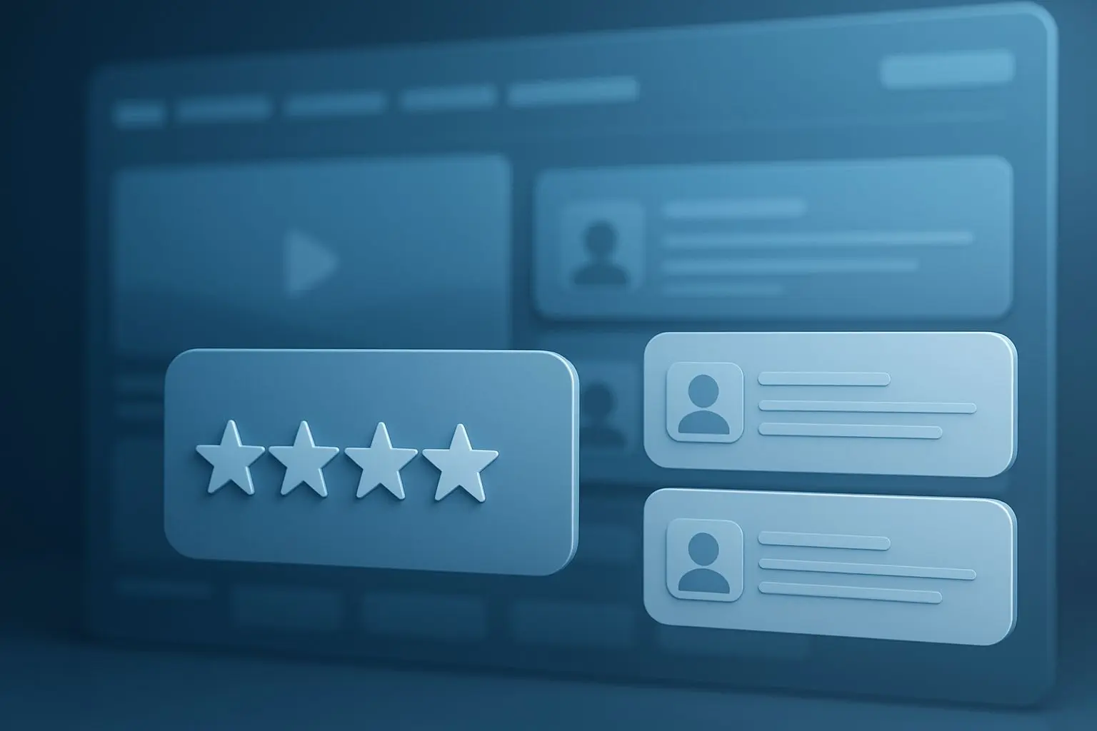 Banner met rating-symbolen en modern platforminterface in rustige blauwe tinten