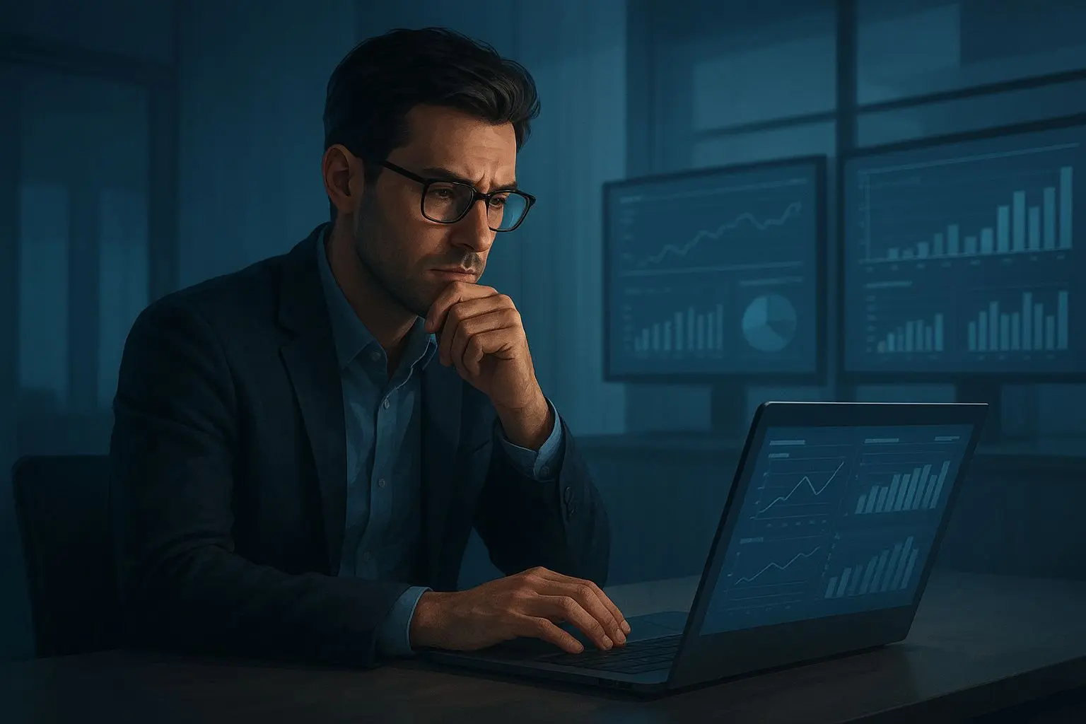 Expert analyseert data en reviews op een laptop