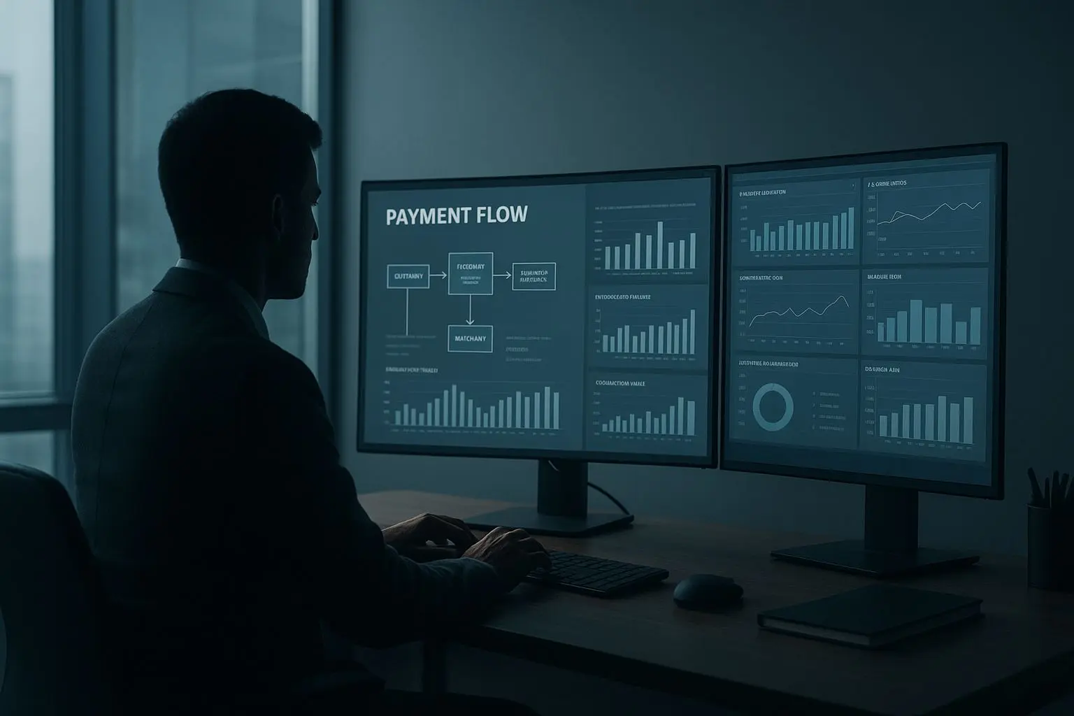 Professional analyst silhouette reviewing online payment and banking data
