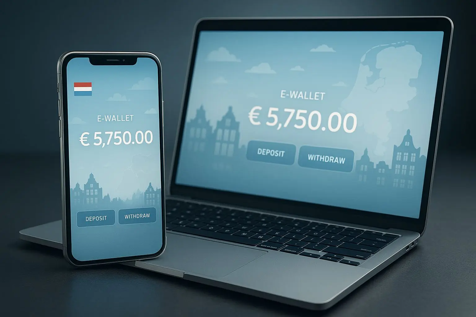 Secure e-wallet banking interface on mobile and laptop with Netherlands-themed background