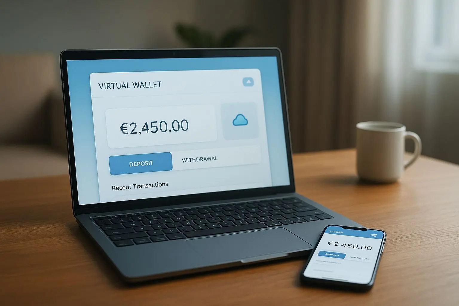 Virtual wallet interface showing balance, deposits and withdrawals on laptop and smartphone