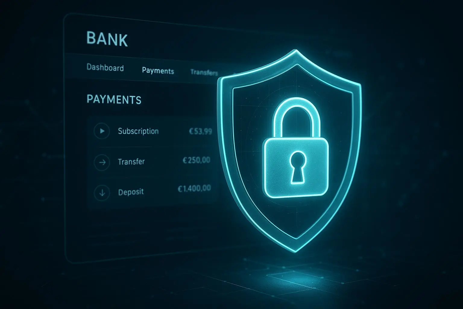 Shield and lock protecting an online banking dashboard with control tools