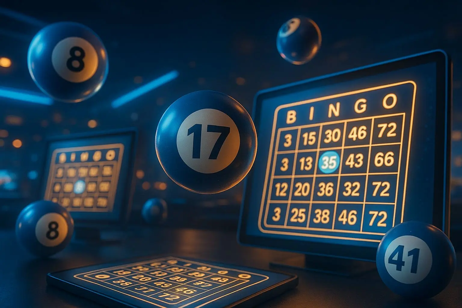 Online bingo banner with digital cards and numbered balls