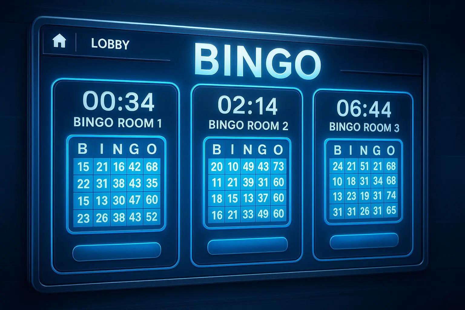 Online bingo lobby with multiple rooms and timers