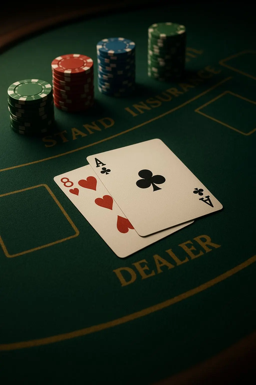 Close-up of cards and chips on a premium blackjack table