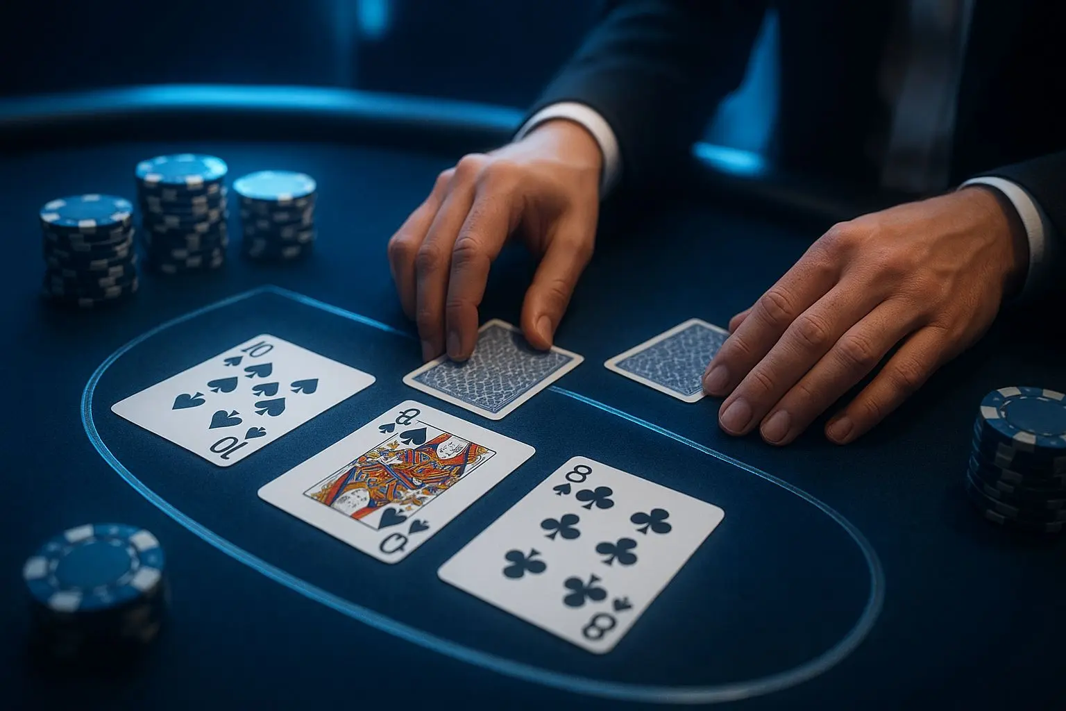 Premium blackjack table scene with cards, chips and dealer hands