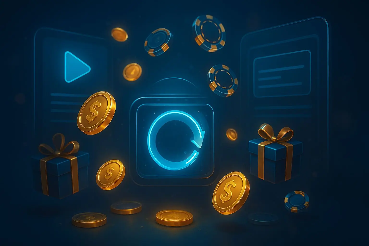 Online bonus concept with coins, chips and spin icons