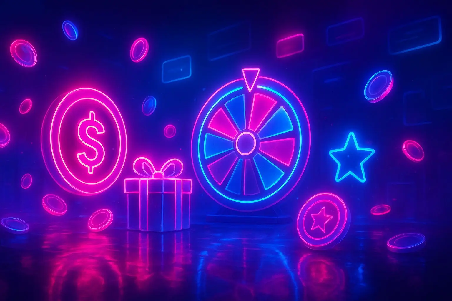 Neon night bonus scene with coins, gift boxes and spin symbols