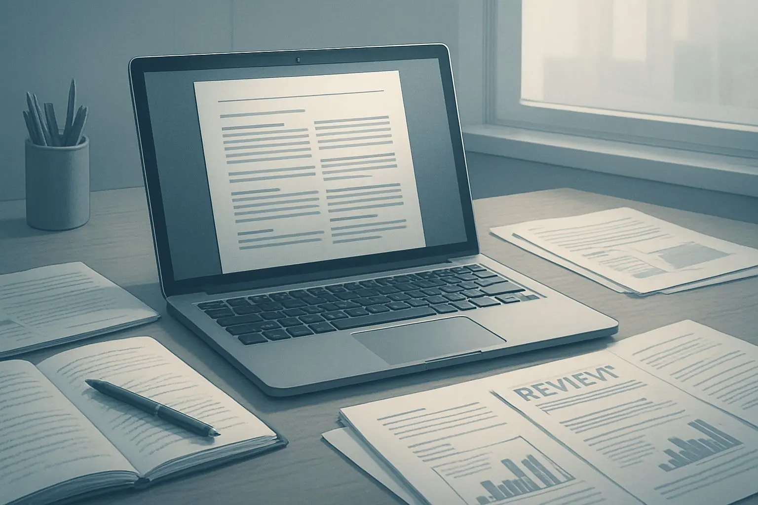 Neutral expert workspace illustration for author section
