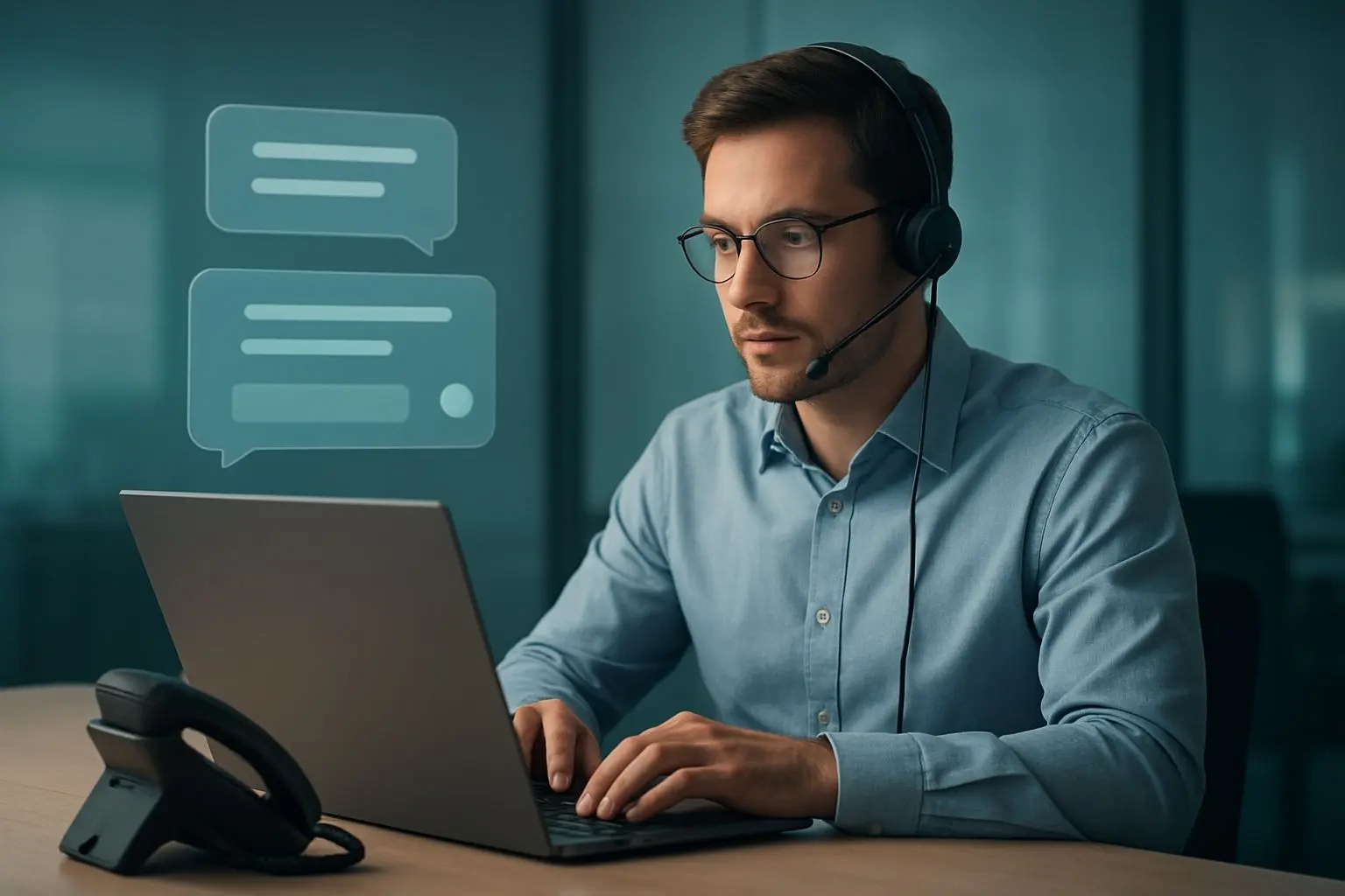 Customer support operator at desk with chat and phone symbols