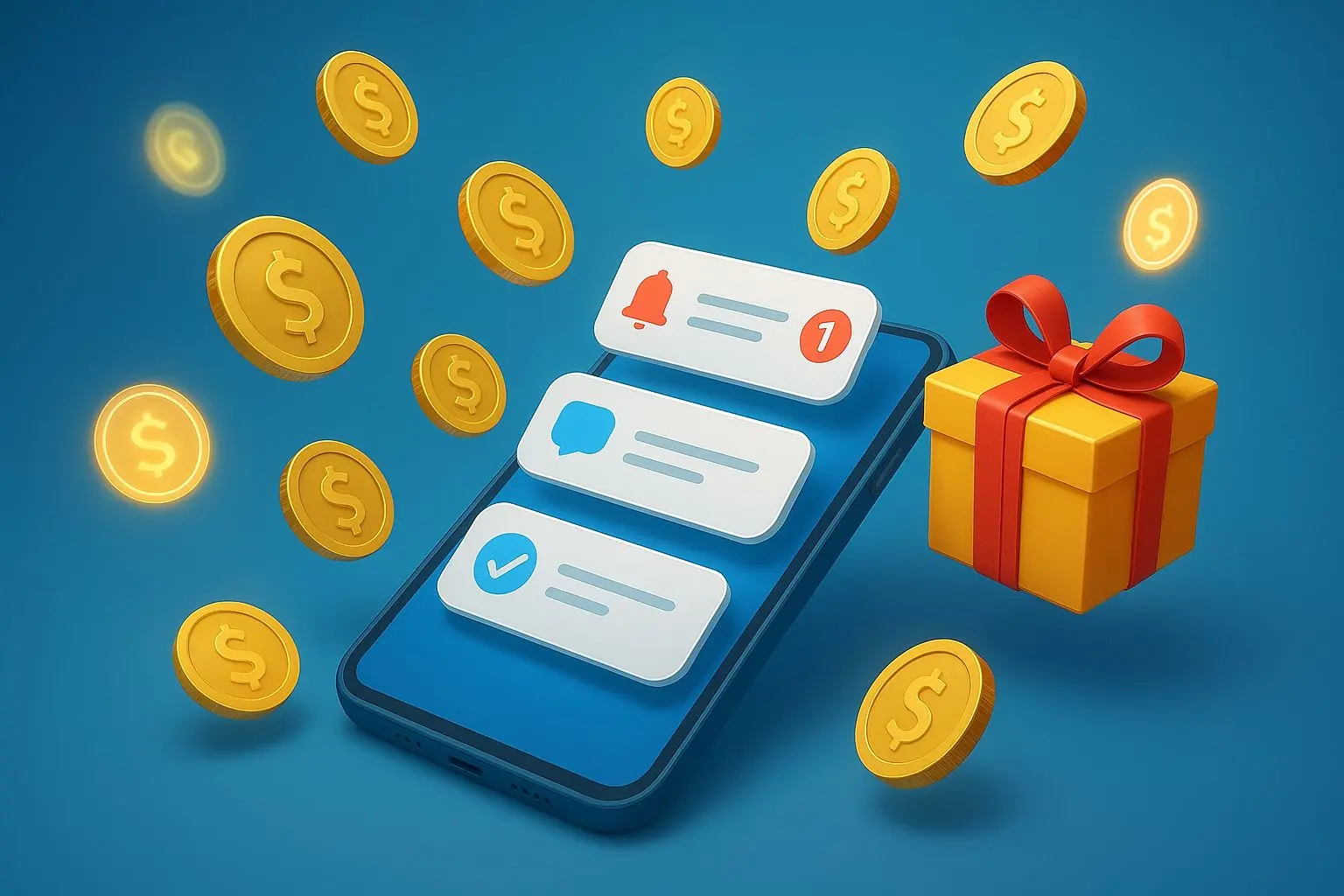 Free coins and promo voucher illustration with notifications and gift box