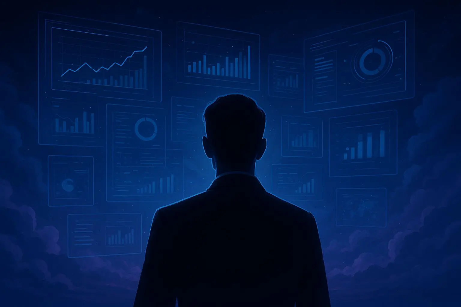 Fictional analyst silhouette with digital sky interface background