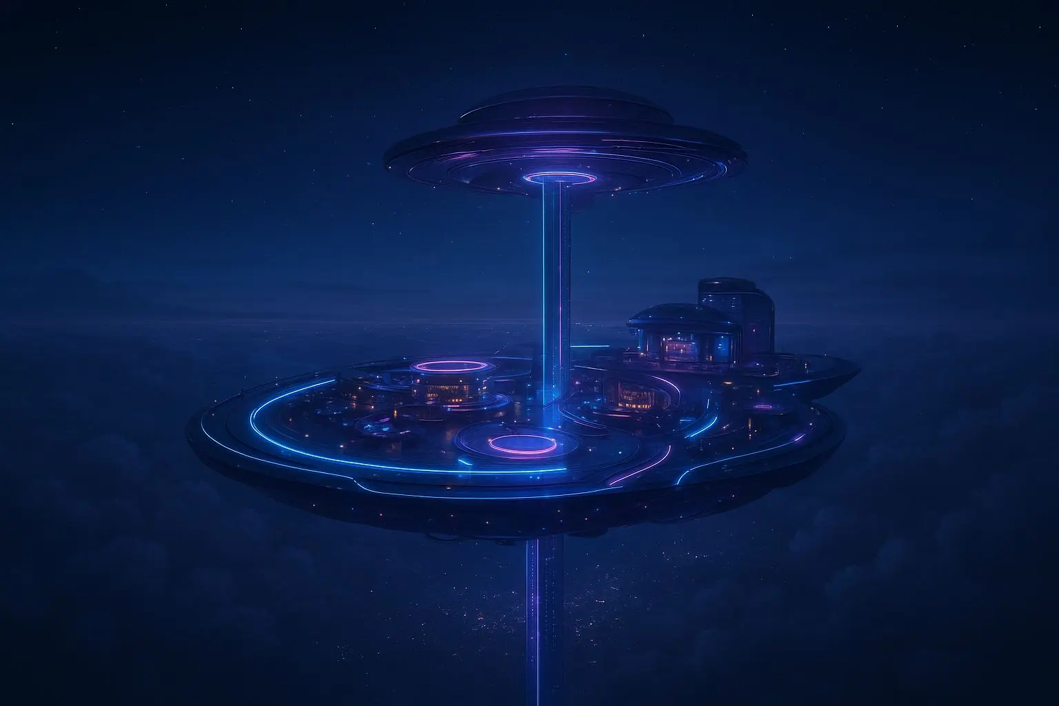 Floating sky platform above clouds with a glowing path from the city below