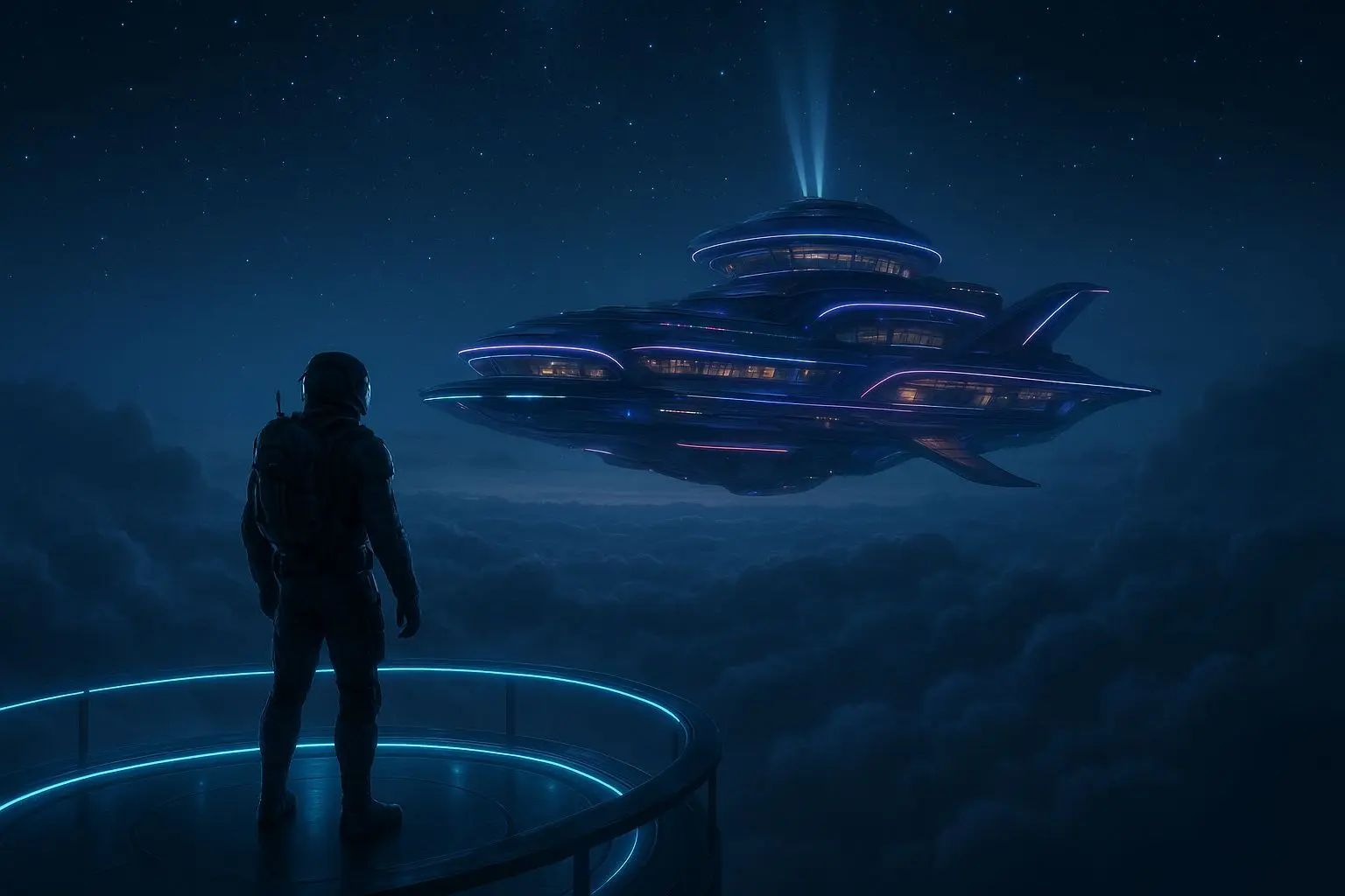 Floating sky complex above the clouds with neon lights and an expedition avatar