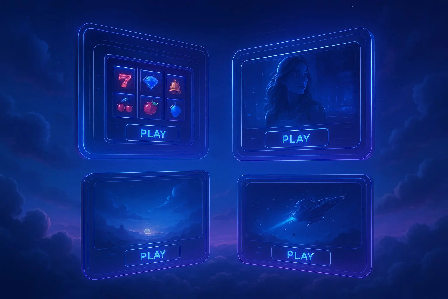 Game selection interface with floating cards above clouds