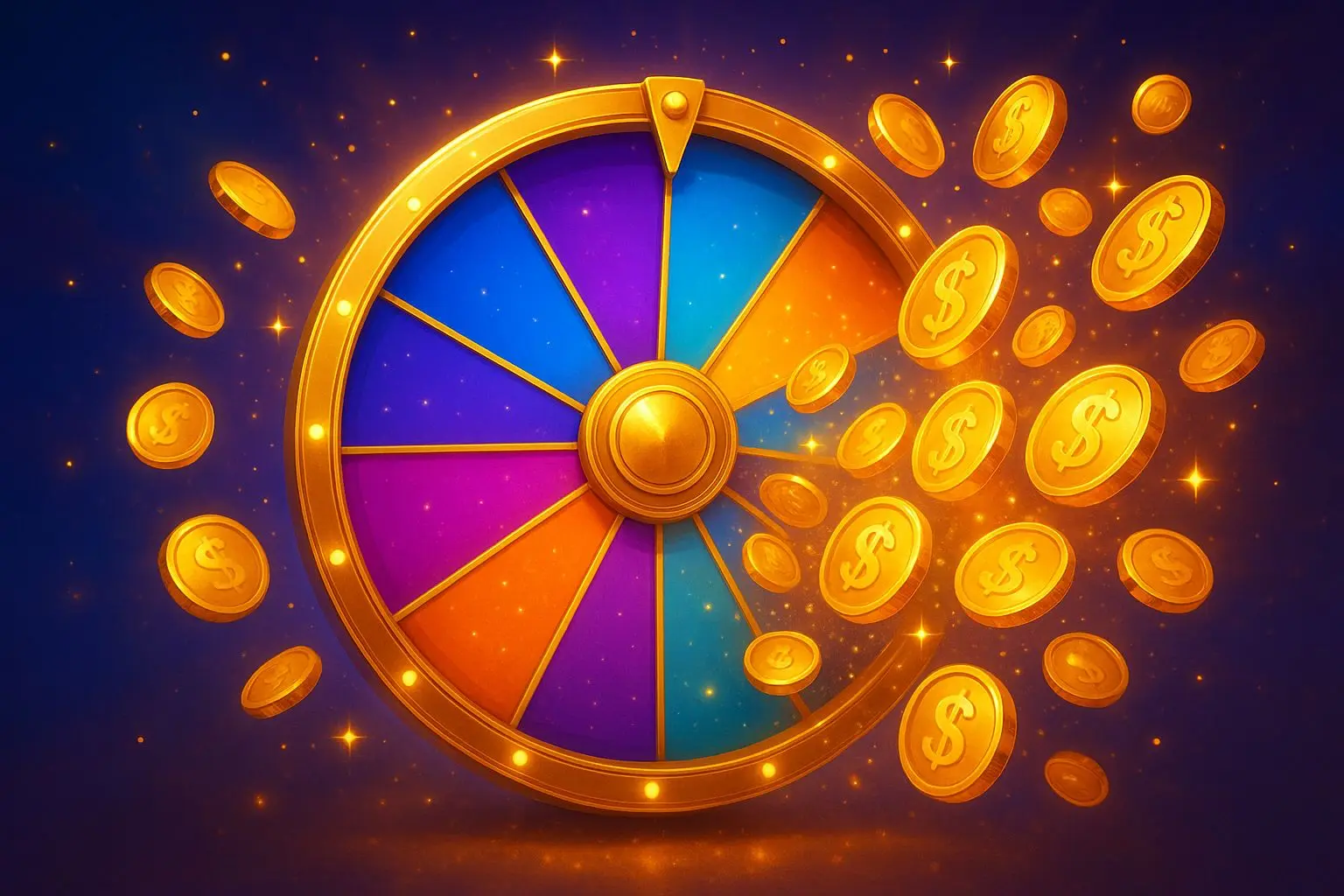 Colourful reward wheel with coins and bright bonus effects