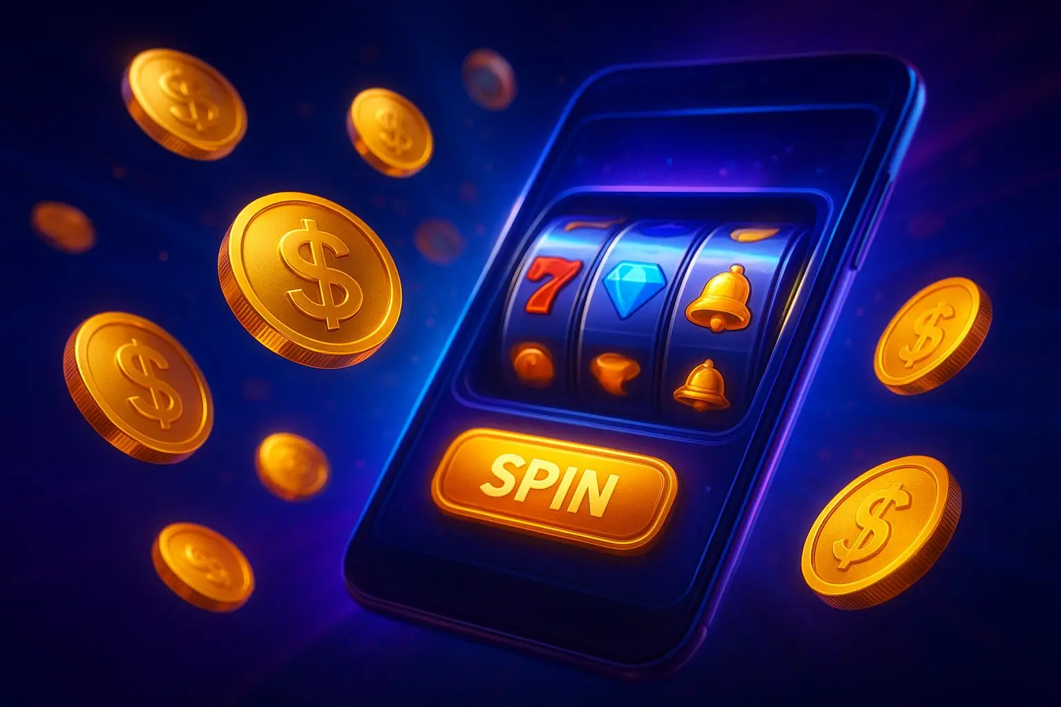 Gaming rewards banner with coins and mobile app visuals