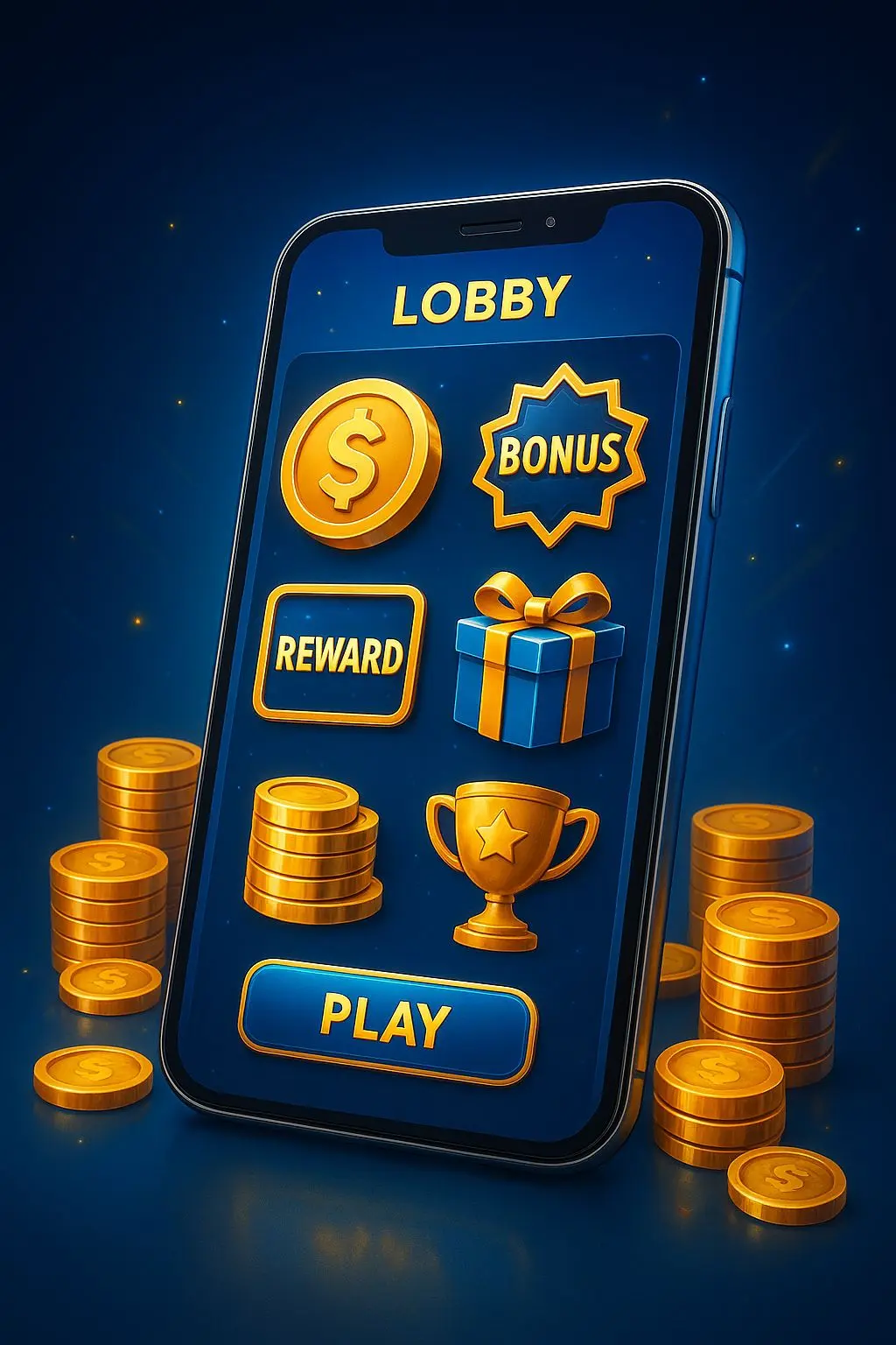Mobile game lobby with coins and bonus rewards