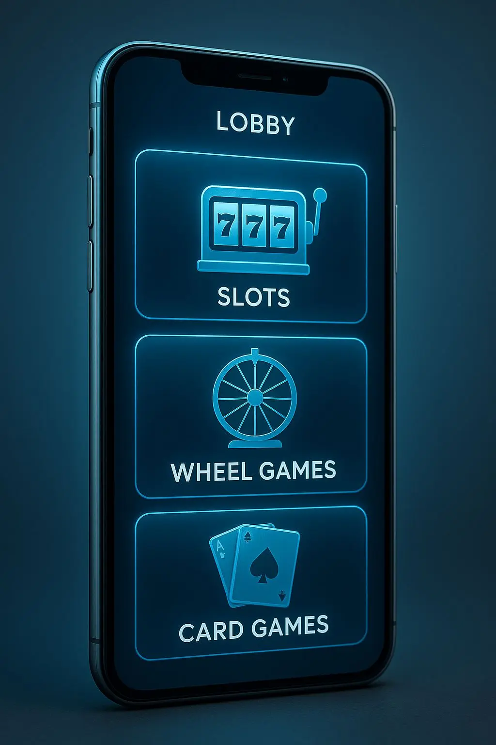 Smartphone showing a mobile gaming lobby with multiple game categories