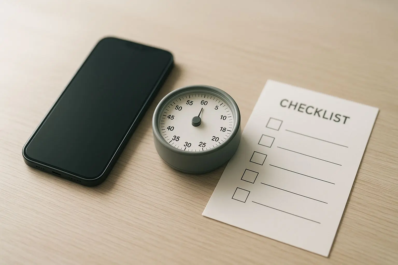 Smartphone with timer and checklist representing controlled mobile play
