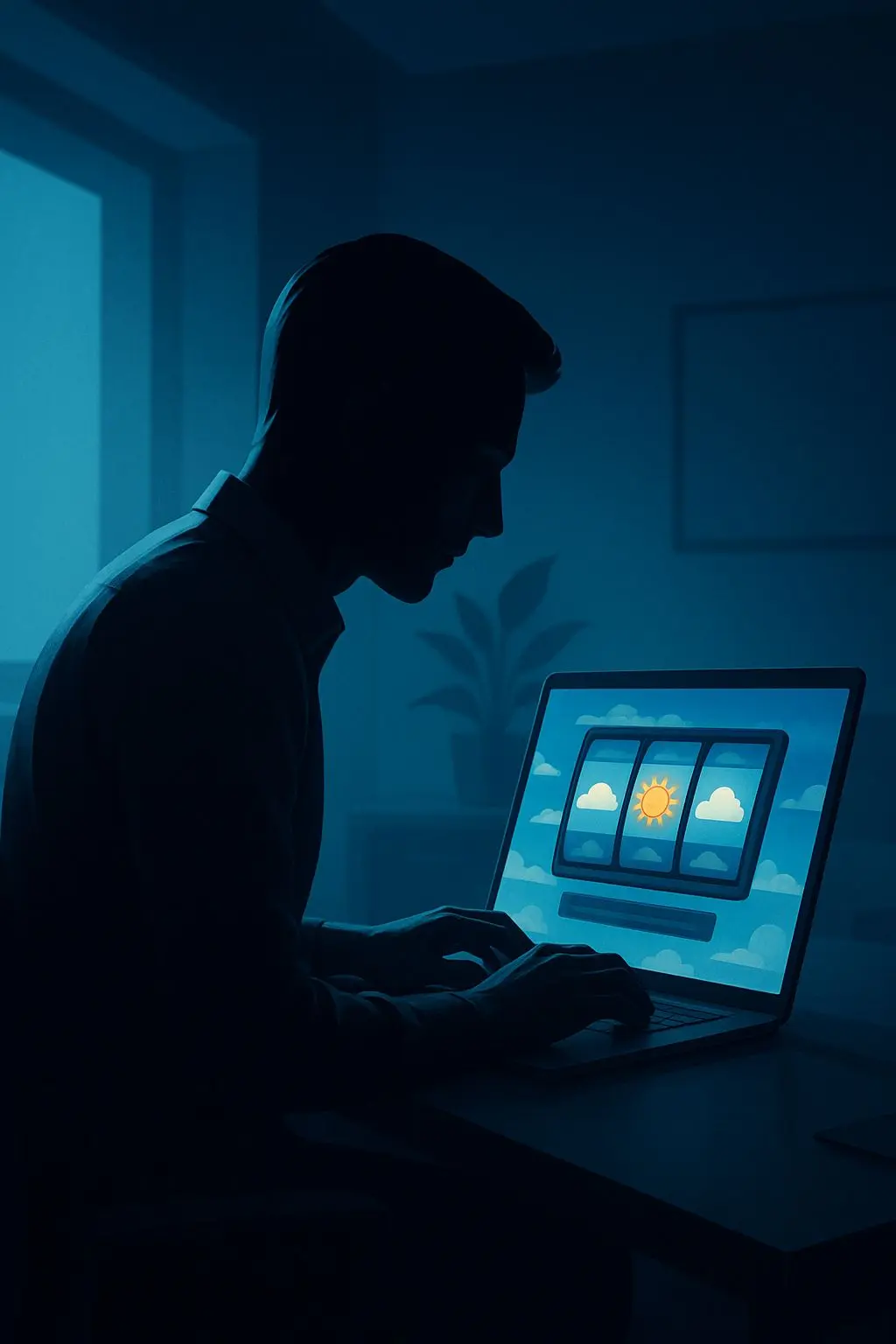 Fictional analyst reviewing a sky-themed slot on a laptop