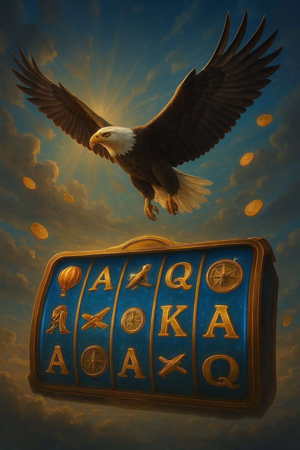 Heroic eagle above a sky-themed game field with glowing reels and coins