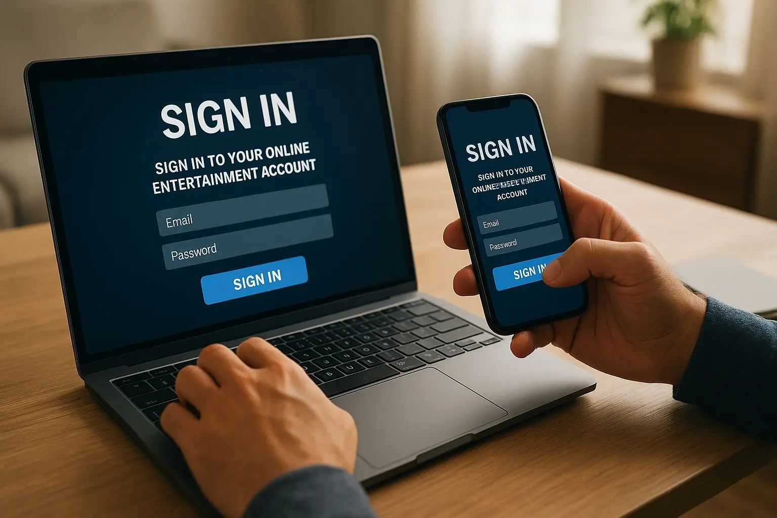 User logging in on laptop and phone