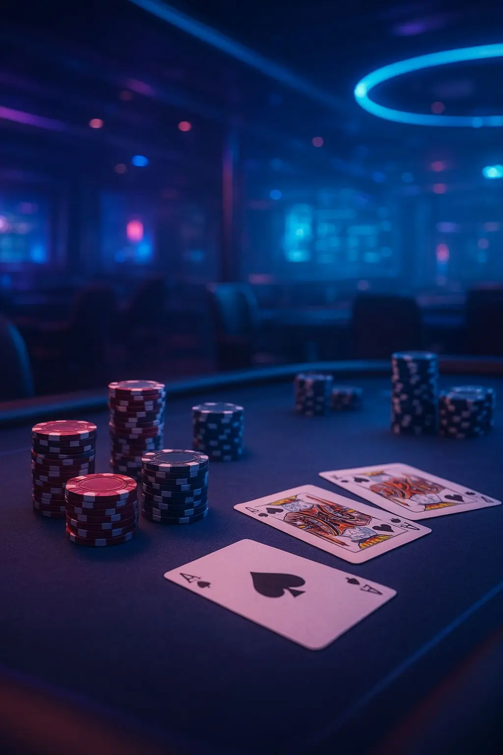 Neon sky style poker table scene with chips and cards