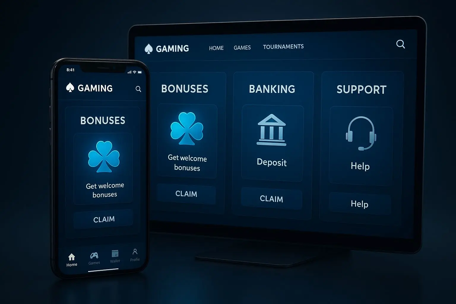 Online platform interface with bonuses banking and support sections