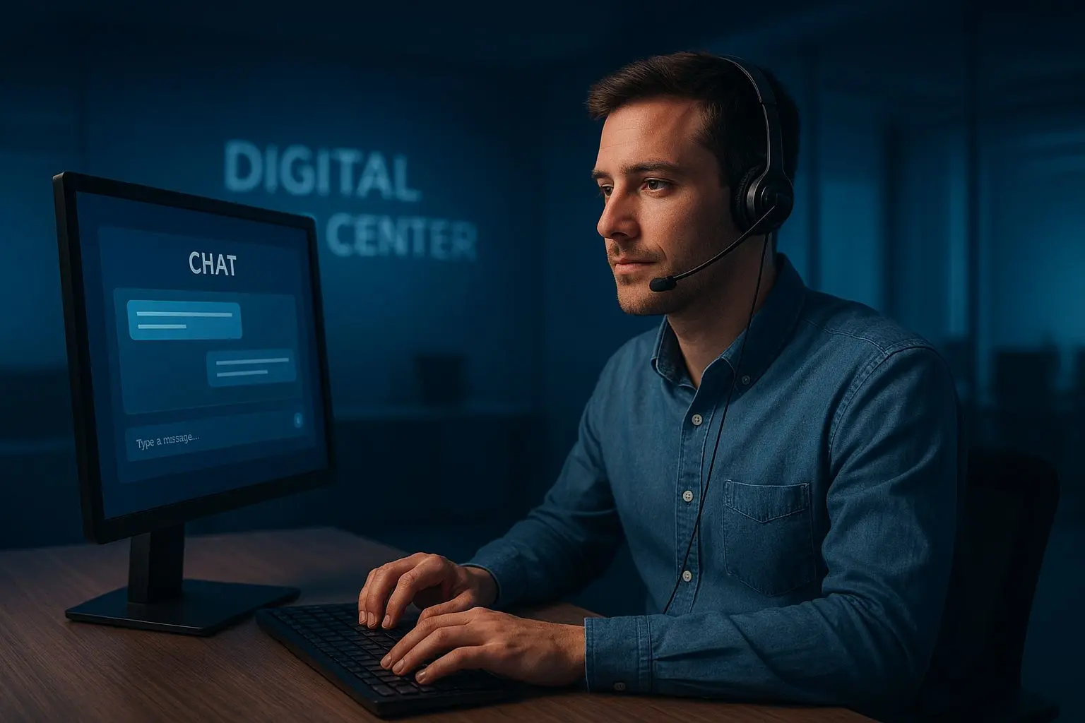 Customer support operator and chat interface in Sky themed setting