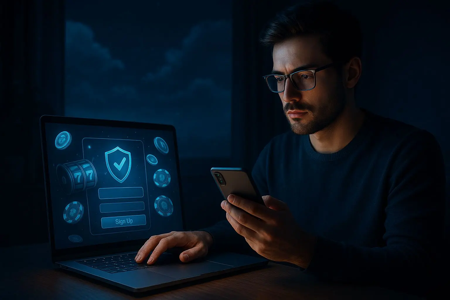 Player registering on a laptop and mobile with a night sky themed background