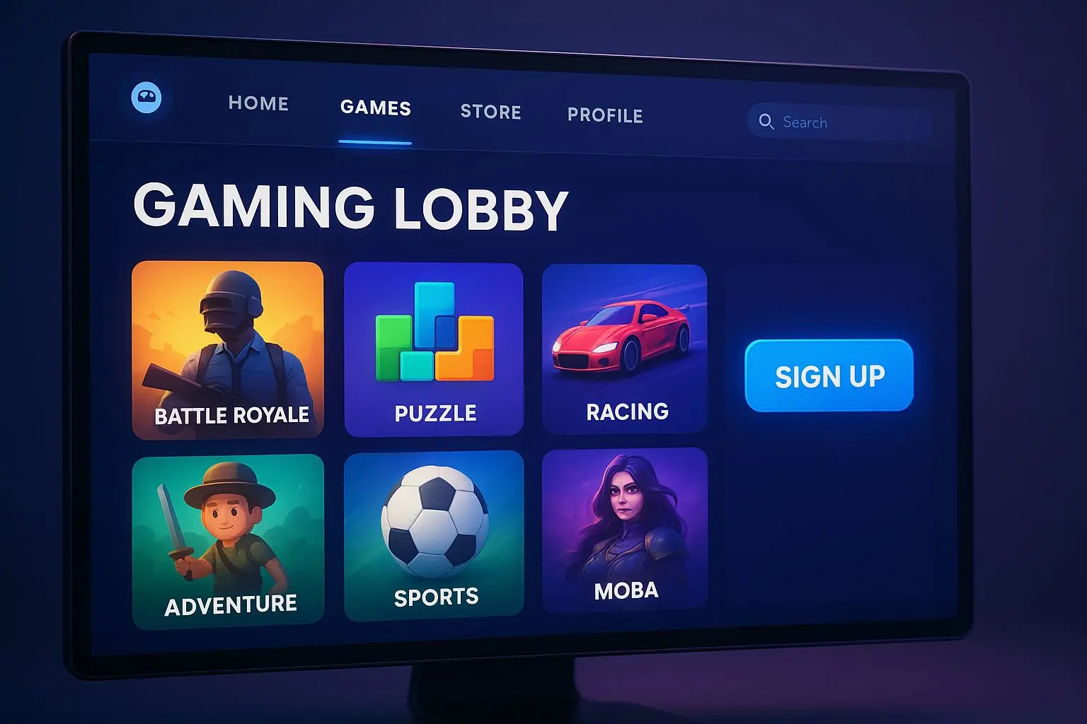 Online gaming lobby interface with a highlighted sign up button
