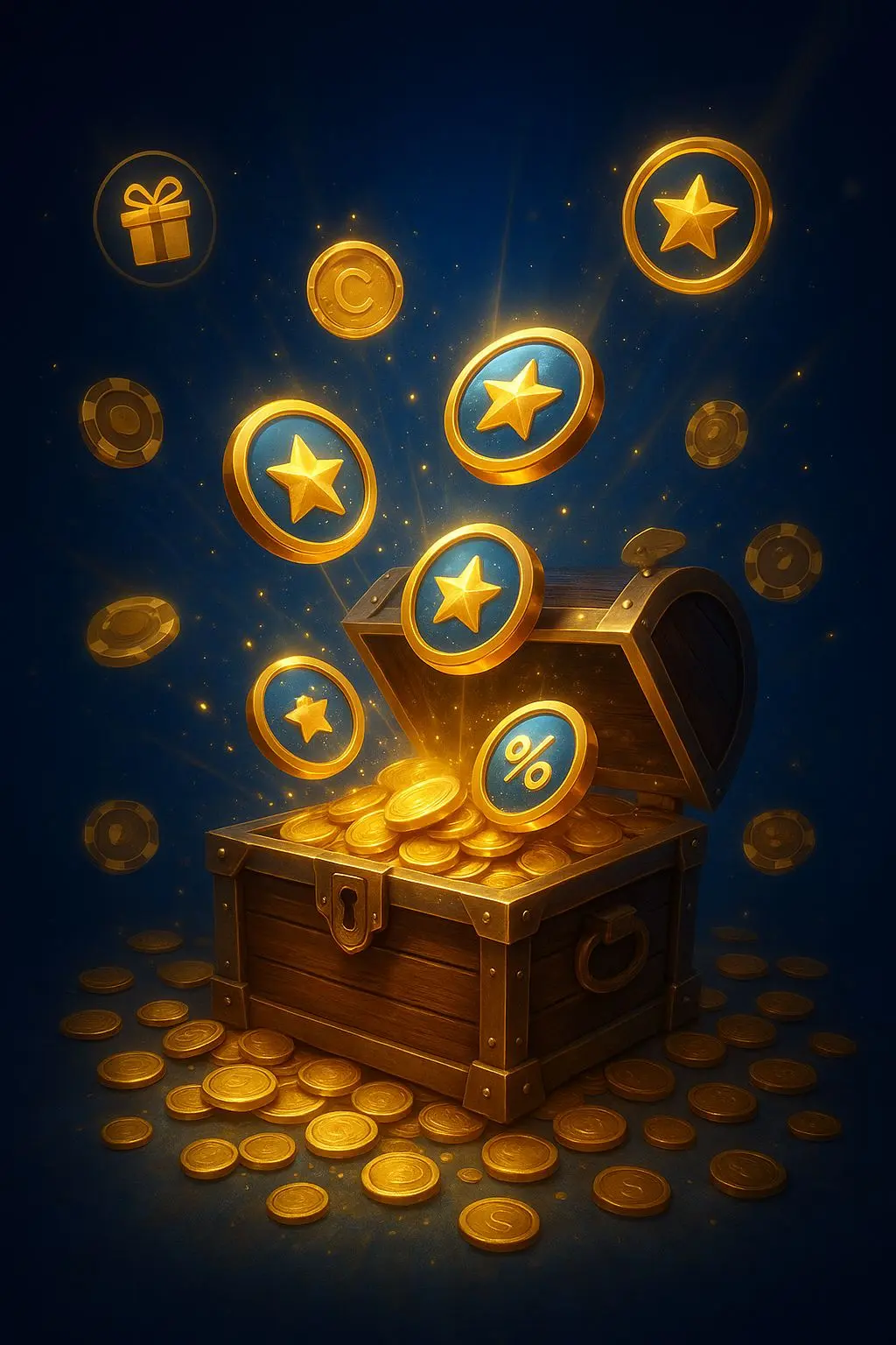Rewards scene with coins, tokens, and bonus-style elements