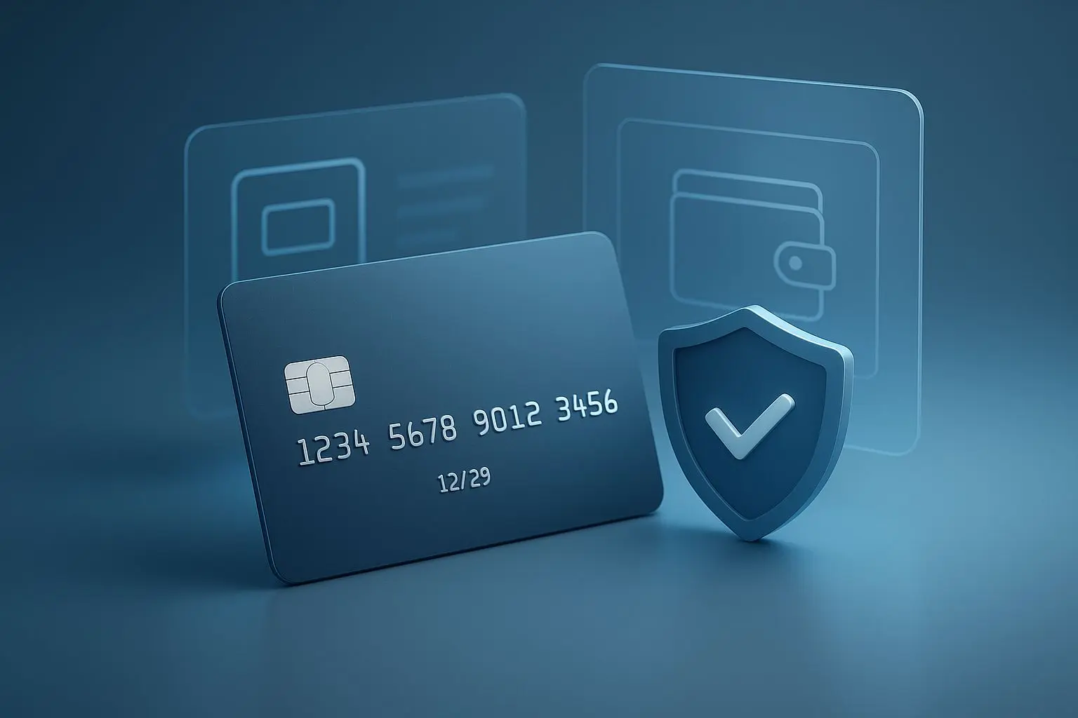 Secure payments illustration with card, wallet icons, and shield