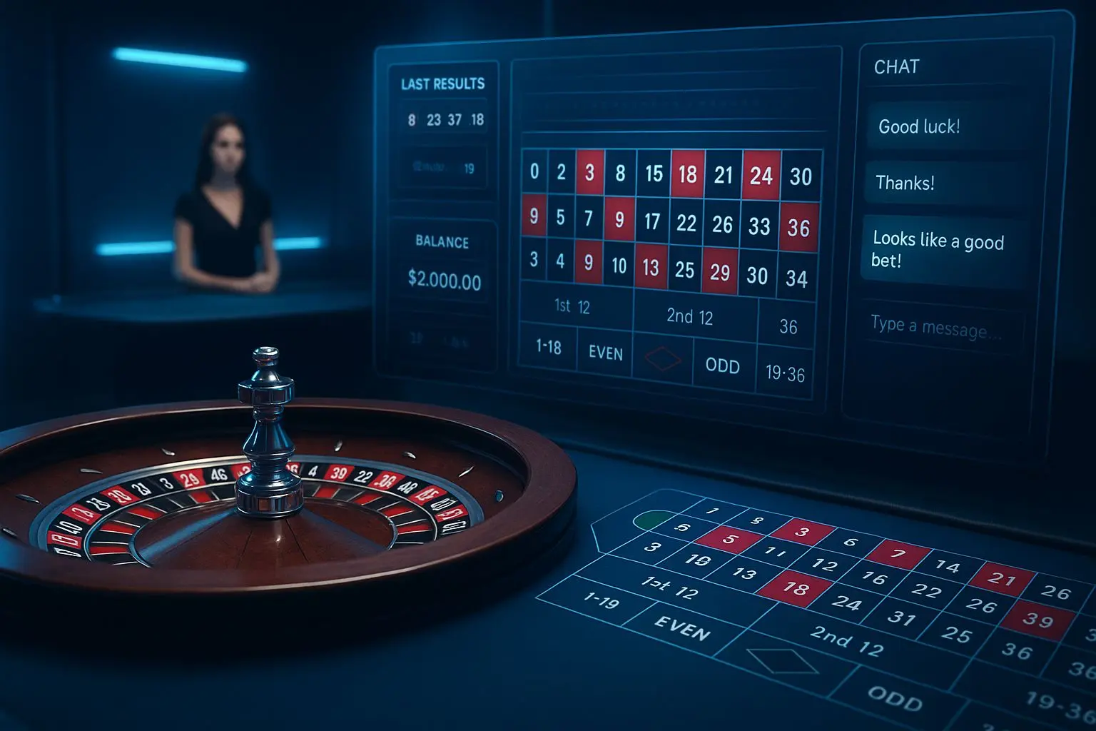 Live roulette interface with dealer view and digital table layout