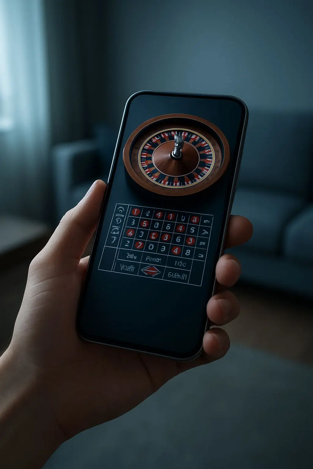 Smartphone displaying a mobile roulette interface in a neutral setting