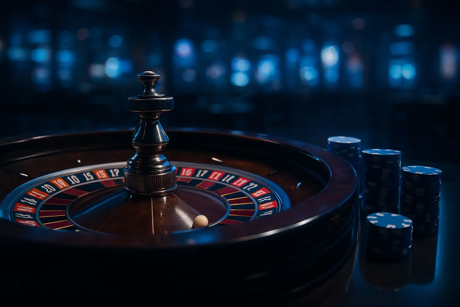 Live roulette wheel with ball and chips in a blue-toned gaming hall atmosphere