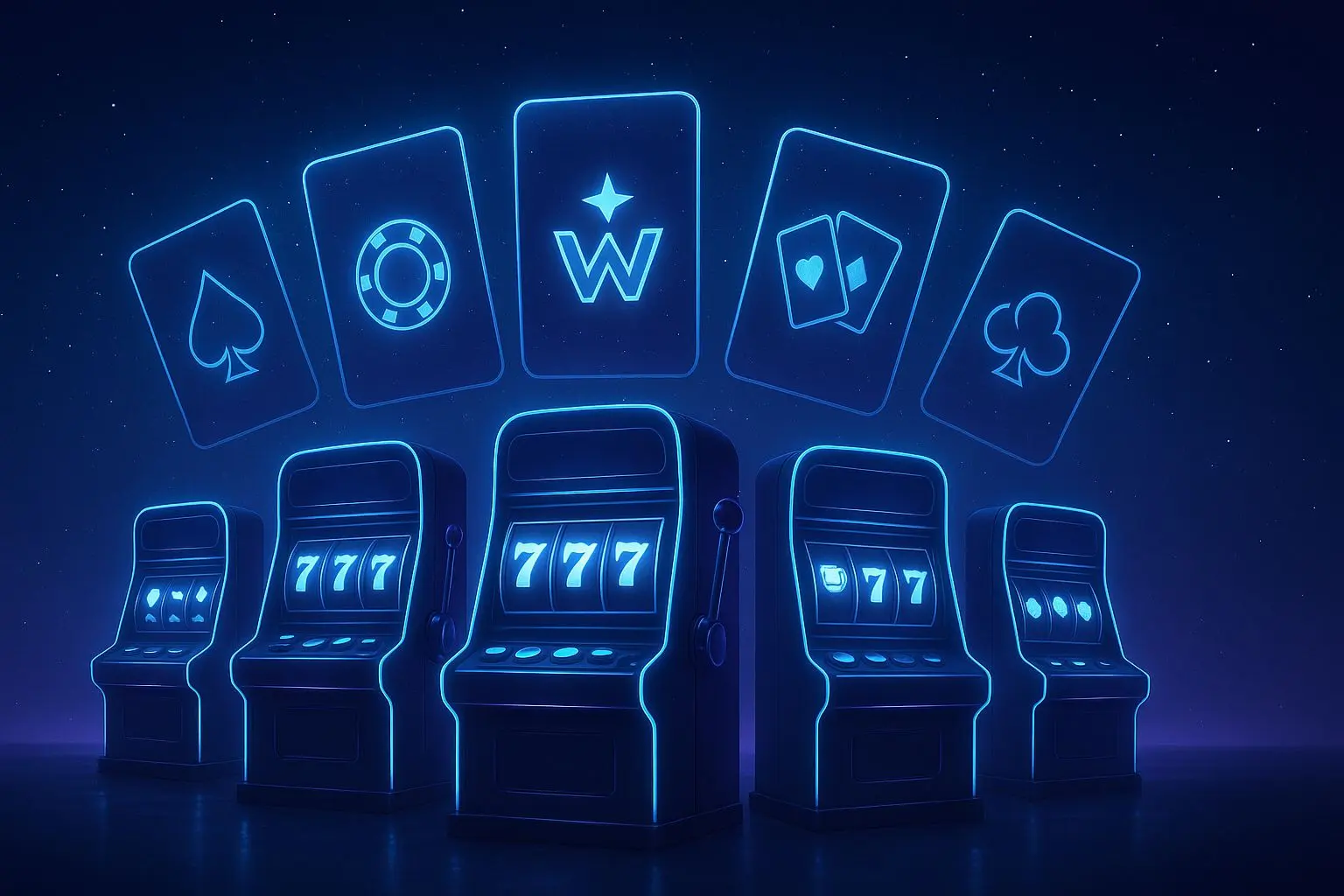 Night sky banner with glowing gaming machines and sister site cards