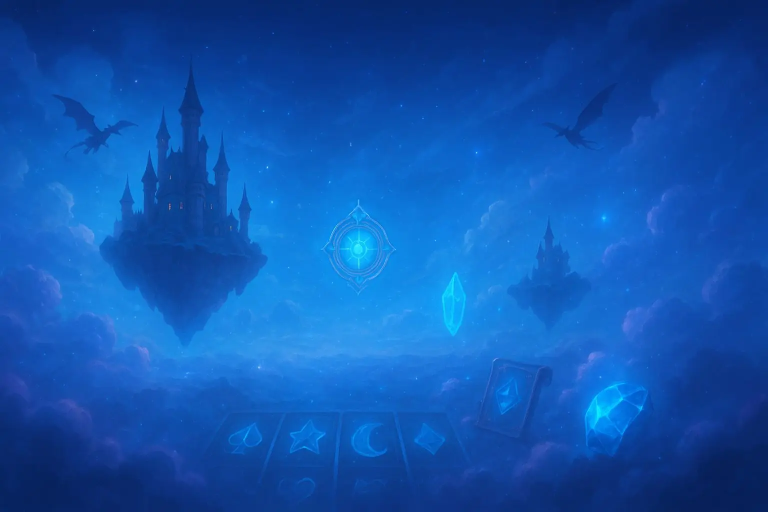 Sky Rider fantasy world with cloud castles and flying creatures