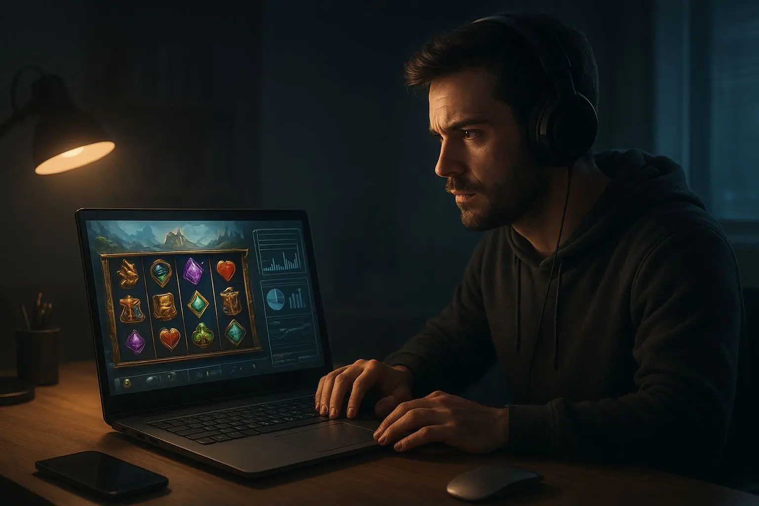 Fictional gaming expert reviewing Sky Rider on a laptop