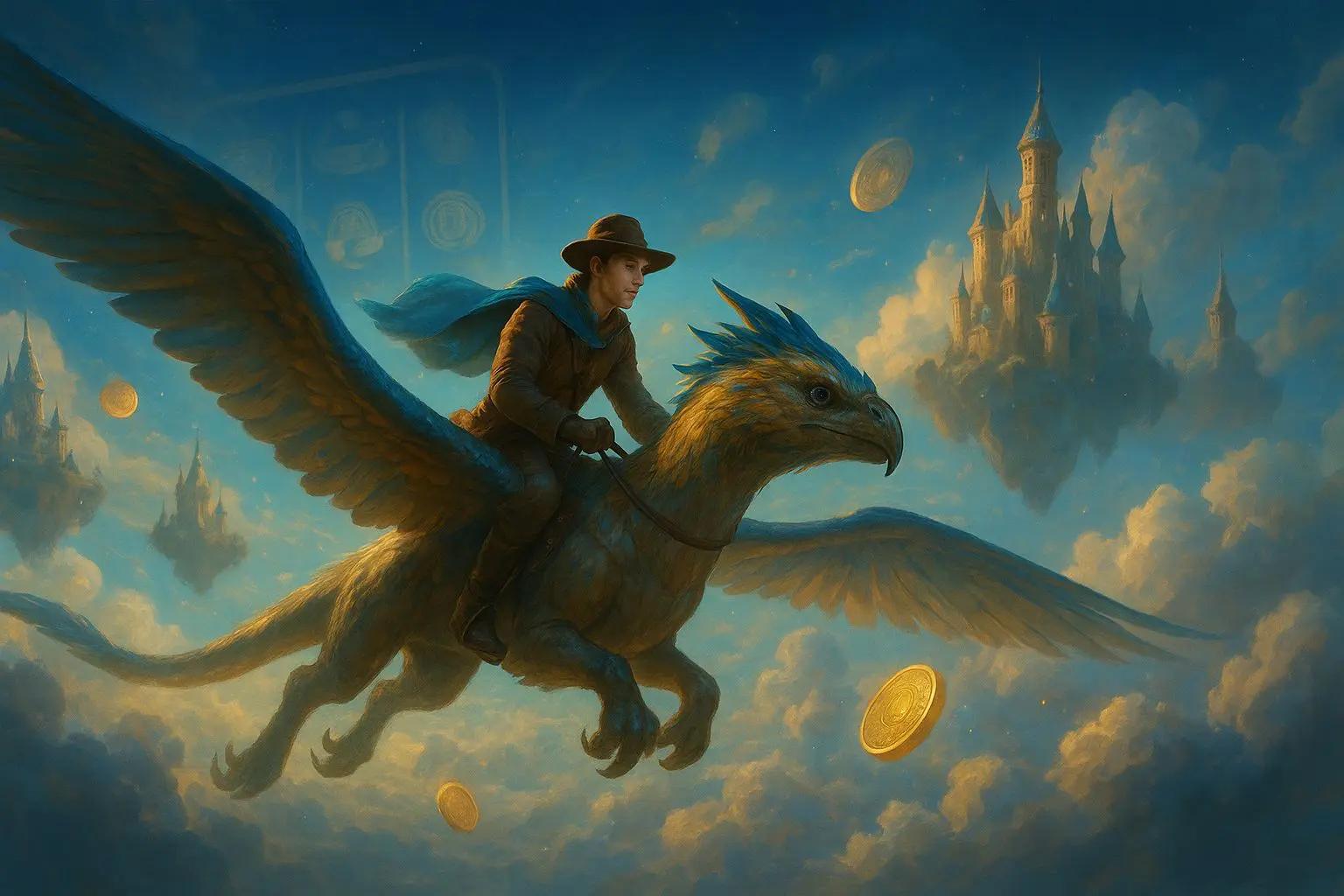 Sky Rider fantasy banner with flying explorer, clouds, coins and magical sky world