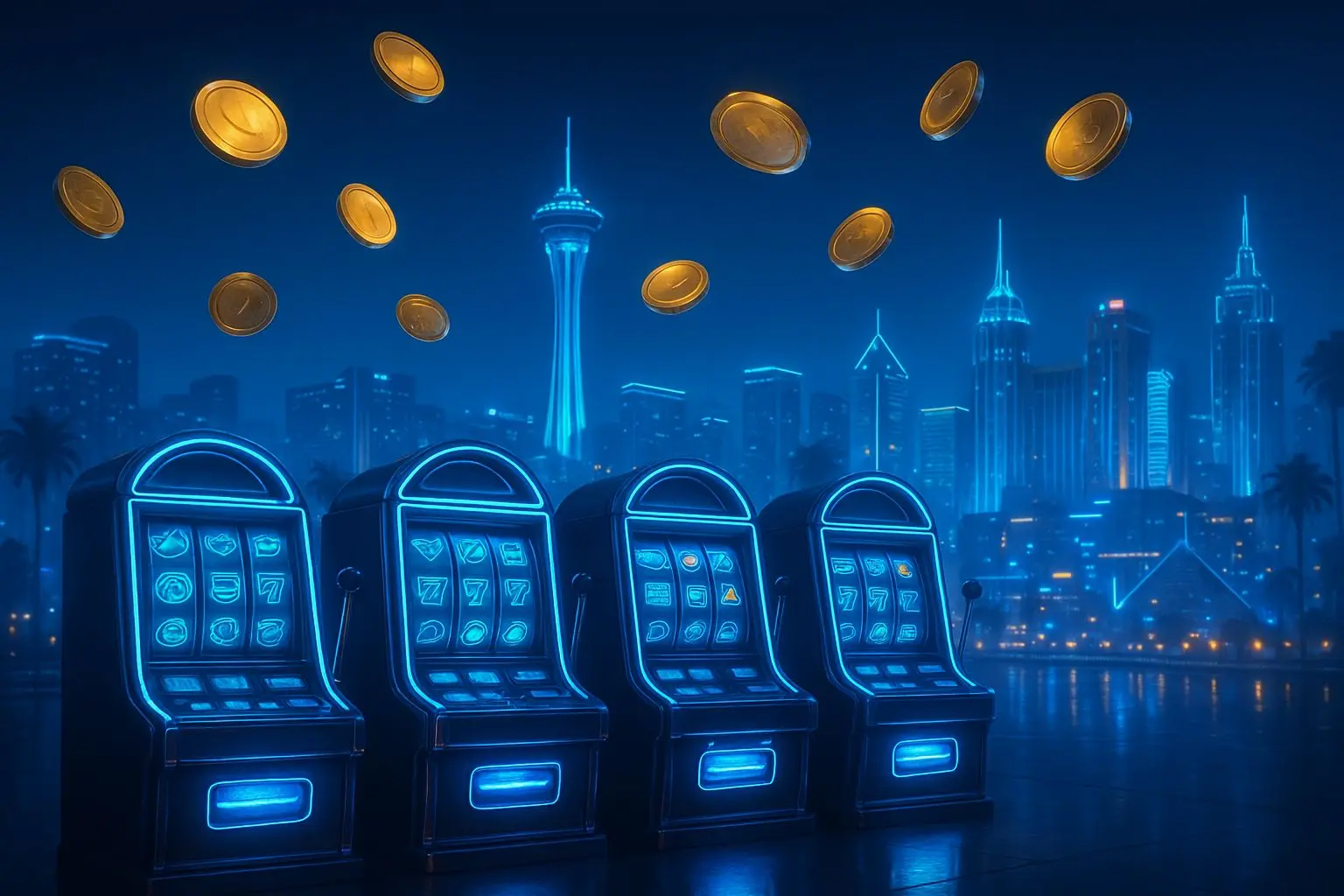 Vegas-style night banner with slot-inspired lights and coins in Sky themed colors