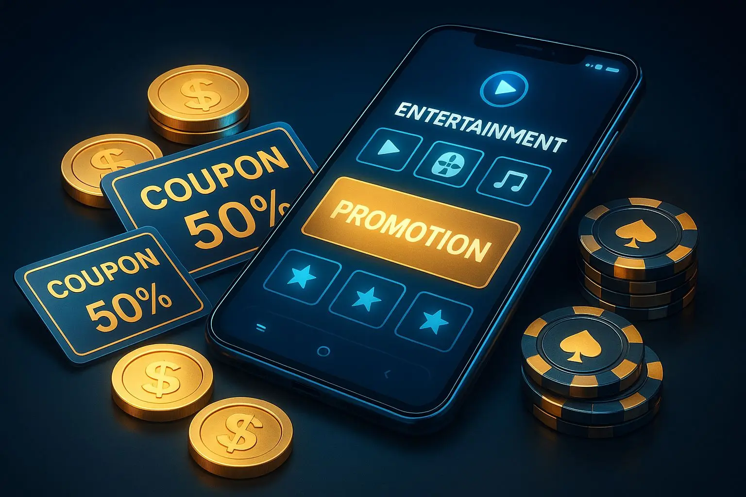 Voucher cards and mobile gaming app illustration