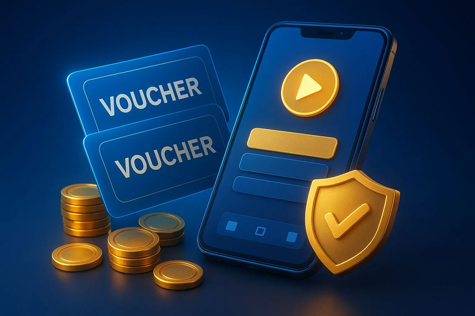 Promotional voucher banner with coins, chips and a secure mobile gaming interface